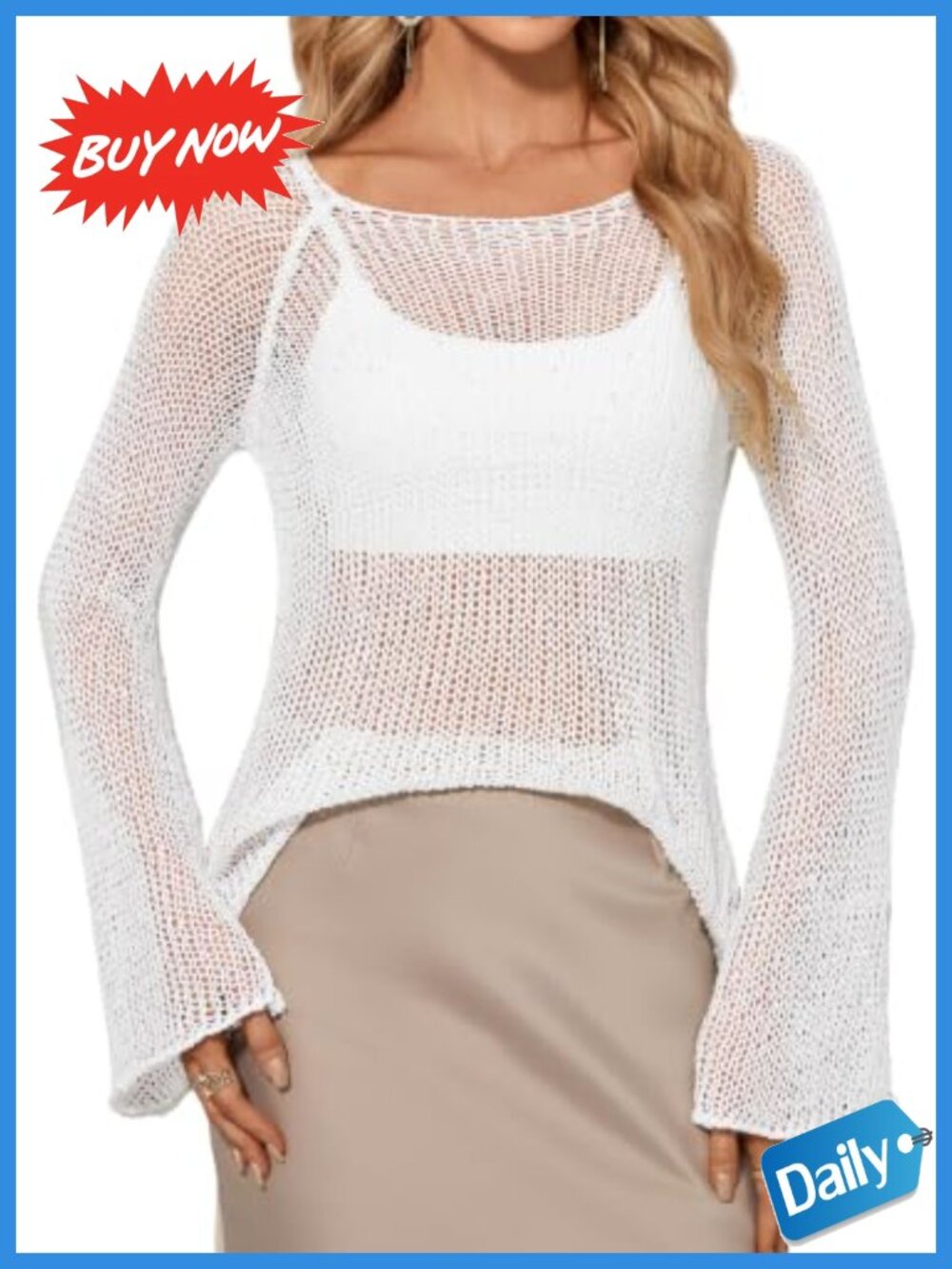 Sequin Crochet Knit Sweater Sheer Bell Sleeve Festival Top